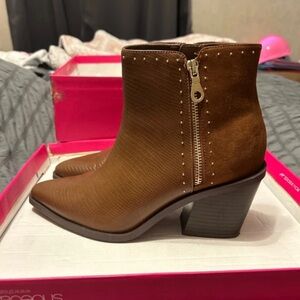Women's Brown Ankle Booties with Side Zip and Stud Detail